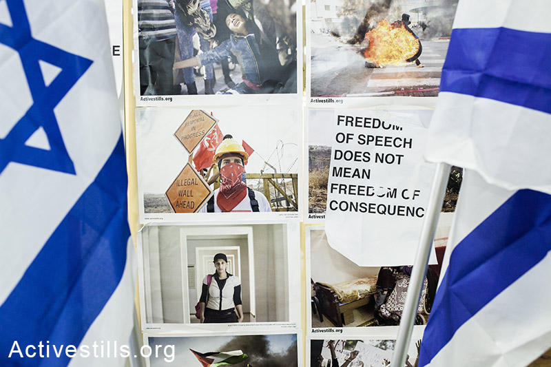 שני דגלי ישראל שהוצבו על ידי סטודנטים בבית הספר שנקר להנדסה ועיצוב, ליד תערוכת צילומים של אקטיבסטילס. בשלט שנתלה על ידי הסטודנטים נרשם: חופש הביטוי אינו אומר חופש מקונצנזוס״. הסטודנטים מחו בכך על ״ייצוג לא שיוויוני של הקונפליקט״, וקראו להורדת התערוכה, במסגרת כנס על ״תרבות חזותית בין ציות להתנגדות״, רמת גן, ישראל, ה-30 למרץ, 2014. 