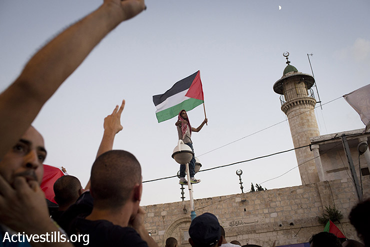 נער פלסטיני מניף דגל פלסטין במהלך הפגנה נגד המתקפה על עזה בעיר לוד, ישראל, 3 באוגוסט 2014. (אורן זיו / אקטיבסטילס)