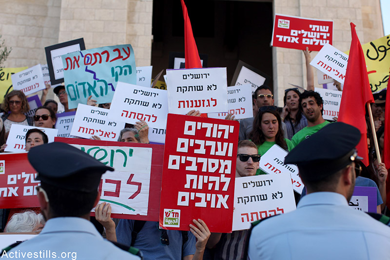 מפגיני שמאל מוחים נגד גזענות במהלך מצעד הדגלים שנערך לציון 48 שנים לכיבוש הישראלי במזרח ירושלים, 17 מאי, 2015. טס שפלן / אקטיבסטילס