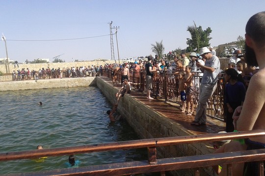 מאות המתנחלים נכנסו למים בעוד הפלסטינים אולצו להישאר בחוץ. בירכת אל-כרמל (צילום: נסר נוואג'עה, בצלם)
