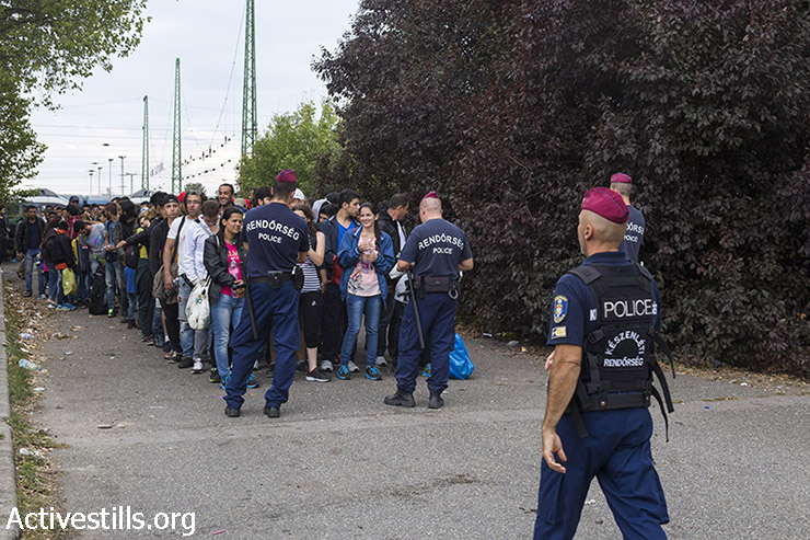 שוטרים הונגרים מארגנים את הפליטים שהגיעו לתחנת הרכבת בשורות של ארבע לפני תחילת  צעדתם לכיוון הגבול האוסטרי. הגשלום, הונגריה, 14 בספטמבר, 2015. (מרייקה לאוקן/אקטיבסטילס)