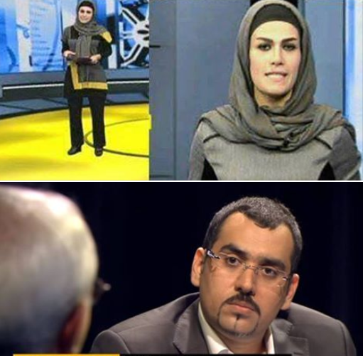למעלה: שינא שיראני מגישה תוכנית ברשת פרס טי.וי; למטה חמיד רזא עמאדי מראיין את שר החוץ האיראני זריף
