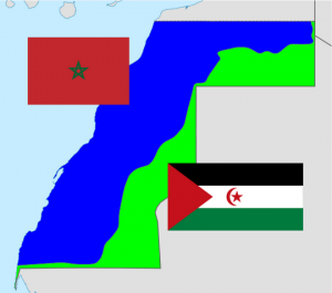 סהרה המערבית: גבולות השטחים הנשלטים על ידי פוליסריו (ירוק) ומרוקו (כחול). מקור: ויקיפדיה, Abjiklam CC BY-SA 4.0
