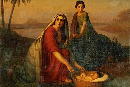 עוד נשים שבהן אפשר לדבר. יוכבד ומרים מחביאות את משה בתיבה בין קני הסוף (אלכסיי טיראנוב, 1839)