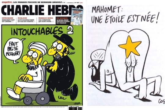 שער המגזין "שארלי הבדו" לצד קריקטורה שהתפרסמה בו. הכתובות: "מוחמד, כוכב נולד" (ימין), ו"אלו שאי אפשר לגעת בהם" (משמאל, מעל איור של רבי ומוסלמי.