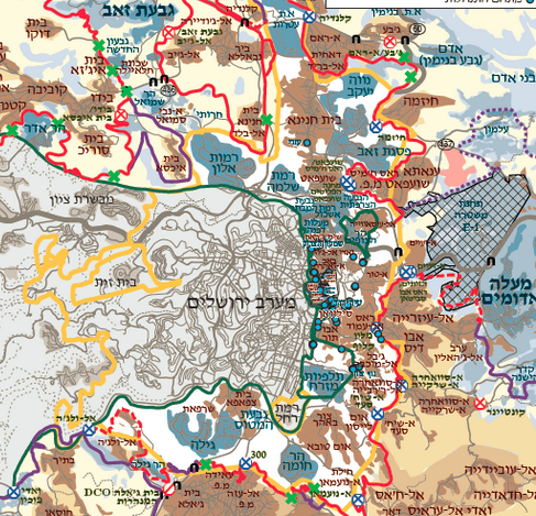 מפת ירושלים. בצהוב: גבולות העיר. באדום: החומה. בירוק: הקו הירוק (המפה באדיבות בצלם)