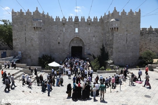 מאמינים פלסטינים נכנסים לעיר העתיקה בירושלים דרך שער שכם ביום השישי האחרון של הרמדאן. 23 ביוני 2017. (צילום: היידי מוטולה/אקטיבסטילס)