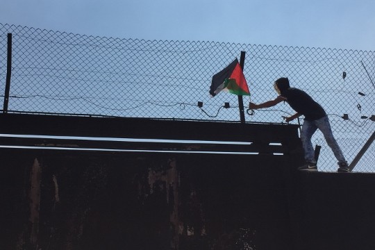 מפגינים טיפסו על החומה בבלעין ותלו דגלי פלסטין (חגי מטר)