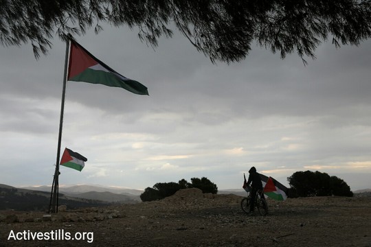 דגל פלסטין נותר להתנוסס לאחר ההפגנה. ג'בל אל באבא. 17 בנובמבר 2017. (אורן זיו/אקטיבסטילס)