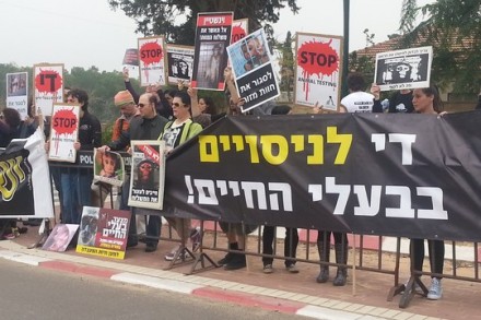 הפגנה בפתח חוות מזור נגד ייצוא קופים (עמותת אנונימוס)