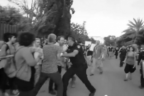 רפ"ק עופר דרור דוחף מפגינים בהפגנת שייח' ג'ראח (אמיר ביתן)