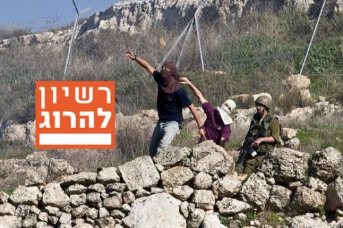 מתנחלים זורקים אבנים ליד חייל, נבי סאלח, 2010 (יותם רונן / אקטיבסטילס)