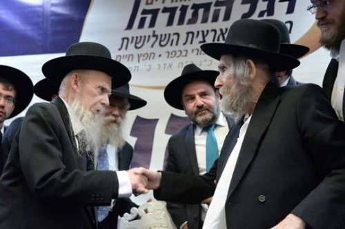 המנהיג הנוכחי הרב שטינמן (מימין) והיורש העתידי הרב אדלשטיין (משמאל) בכניסה המשותפת לועידת דגל (צילום: שוקי לרר, בחדרי חרדים)