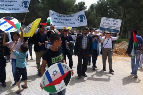 עשרות פלסטינים וישראלים הפגינו נגד הכוונה לבנות את כביש ההפרדה עוקף נבי אליאס ולהפקיע אדמות מחקלאים פלסטינים (צילום: לוחמים לשלום)