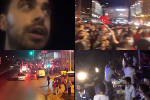 1 מימין למעלה בכיוון השעון: מפגינים באנקרה, פצועים מפונים באלונקה באיסטנבול, אמבולנסים באנקרה ומפגין שמדווח מכיכר תקסים (צילומי מסך מפייסבוק לייב)
