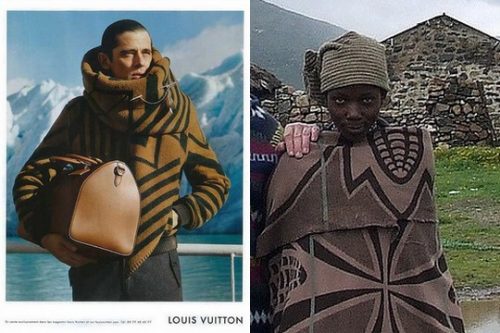 מימין: רועה במדינת לסוטו לובש שמיכת בסוטו מקורית. משמאל: כרזה של לואי ויטון ל"שמיכה עוטפת" בסגנון בסוטו (Fihliwe CC BY-SA 2.0 , לואי ויטון)