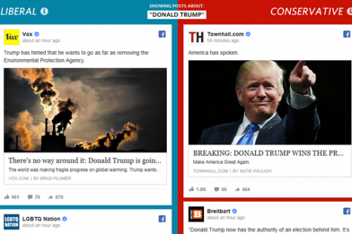 מימין: פיד שמרני על נצחון טראמפ. מימין: ליברלי. אשליית המציאות של החדשות בפייסבוק (צילום מסך מאתר וול סטריט ג'ורנל)