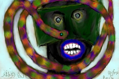 ביאנקה אשל-גרשוני, ראש שחור, מסכה ירוקה ונחש נחושת. מתוך התערוכה Slowland שתיפתח בגלריה ברבור ב-23.2.17