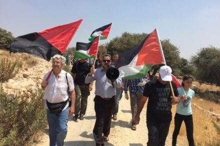 אילן שליף (משמאל) חוגג שמונים בהפגנה השבועית בבלעין נגד החומה וההתנחלויות (חגי מטר)