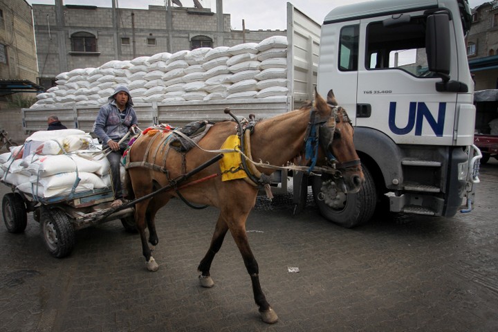 פליטים פלסטינים אוספים חבילות סיוע במרכז חלוקת מזון של האו