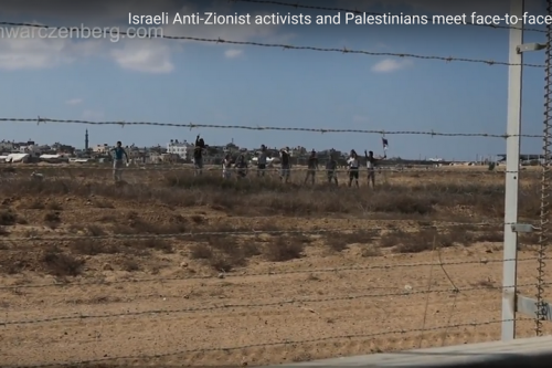 המפגינים הפלסטינים מהצד השני של הגדר. המפגש הכי קרוב אי פעם (צילום מסך, באדיבות חיים שוורצנברג) המפגינים הפלסטינים מהצד השני של הגדר. המפגש הכי קרוב אי פעם (צילום מסך, באדיבות חיים שוורצנברג)