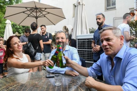 ראשי המחנה הדמוקרטי, נצין הורוביץ, אהוד ברק וסתיו שפיר (פלאש 90)