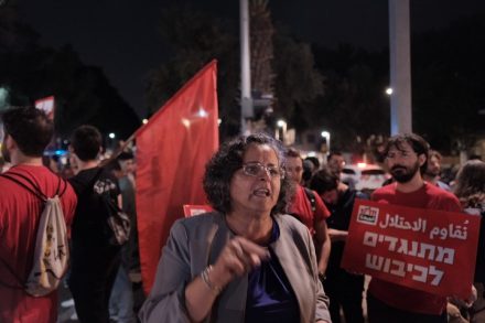 "אני אומרת לבני עמנו בעזה: יש בישראל אנשים הגונים שרוצים שלום". ח"כ עאידה תומא סלימאן בהפגנה בתל אביב
