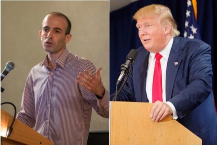 טראמפ אף פעם לא היה ידידה של האמת, אבל הררי הוא היסטוריון עם רקע אקדמי מכובד, ומתיימר להיות פילוסוף. דונלד טראמפ ויובל נח הררי (צילומים: Michael Vadon, ויקיפדיה CC BY-SA 4.0 פליקר, עץבעיר, CC BY 2.0)