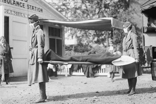 תחנת חירום של הצלב האדום בוושינגטון העיר בזמן התפרצות השפעת הספרדית ב-1918 (צילום: ספריית הקונגרס האמריקאי)