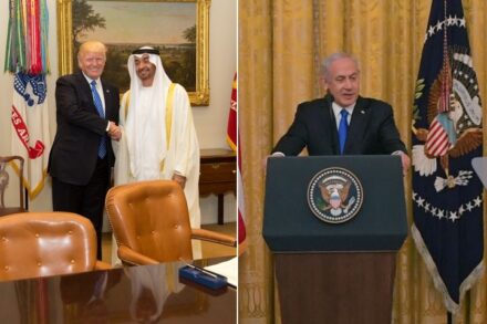 בן זאיד עוזר לנתניהו ולימין הישראלי, ישראל מסייעת לאמירויות בחיזוק השפעתה נגד התקוממות העמים הערביים נגד שלטונות עריצים. נתניהו, בן זאיד וטראמפ (צילומים: קובי גדעון, לע"מ, ודוברות הבית הלבן)