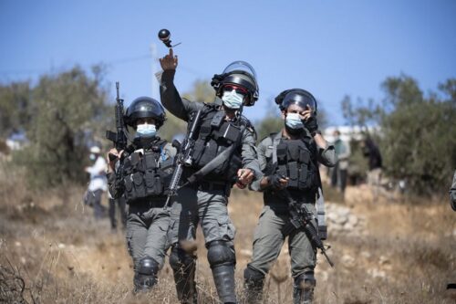 שוטרים משליכים רימון גז לעבר פלסטינים באדמות כפר בורקא, במקום שבו הותקף אוהד חמו שבוע קודם לכן (צילום: אורן זיו)