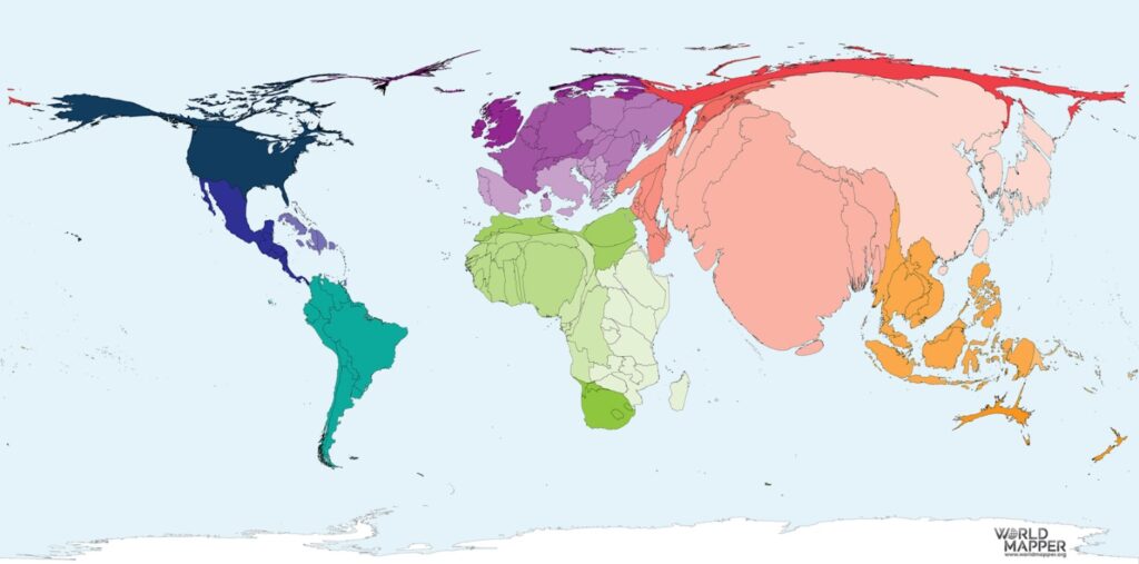 גודלה של כל מדינה מתאר את חלקה היחסי בתמותה ב-2015 (מקור: WorldMapper)
