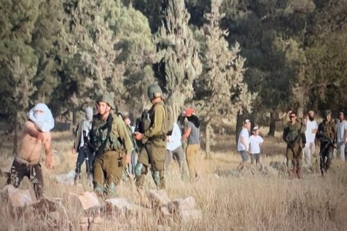 חיילים ומתנחלים באזור דרום הר חברון (צילום: באסל אל-עדרה)