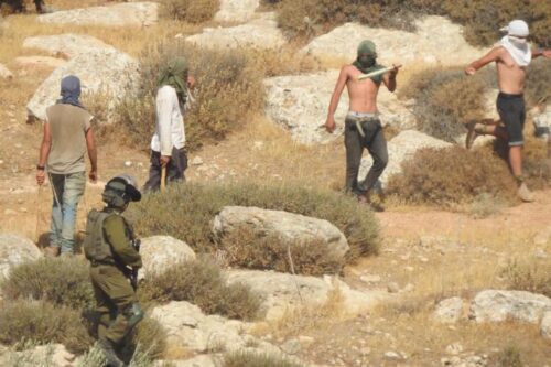 שבתות הפכו הסיוט של תושבי דרום הר חברון. מתנחלים תוקפים תחת עינם של החיילים. (צילום: באסל אל-עדרה)