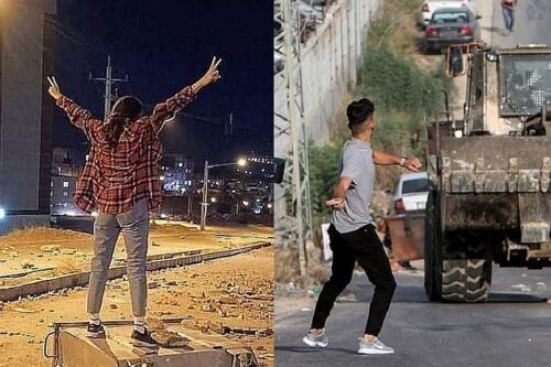 המאבק נגד דיכוי בשכם ובטהראן הוא אותו מאבק. משמאל, מפגינה איראנית. מימין, צעיר פלסטיני בכפר רוג'ייב ליד שכם (צילום: נאסר שתאייה / פלאש 90)