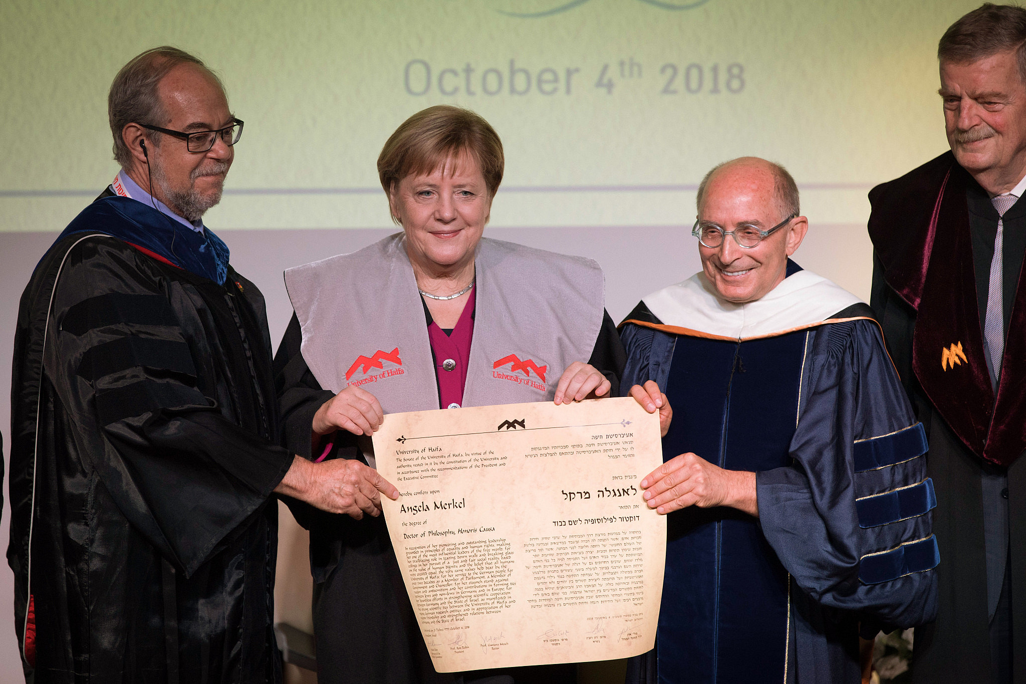 התחייבה שישראל היא "אינטרס גרמני". אנגלה מרקל מקבלת תואר דוקטור כבוד מאוניברסיטת חיפה, 2018 (צילום: פלאש 90)
