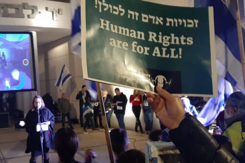 אני כאן כדי להשמיע קול כאזרחית ישראלית בעלת זהות לאומית פלסטינית. מנאל תותרי-ג'ובראן במחאה בהוד השרון, 19.3.23 (צילום: הדס תגרי)