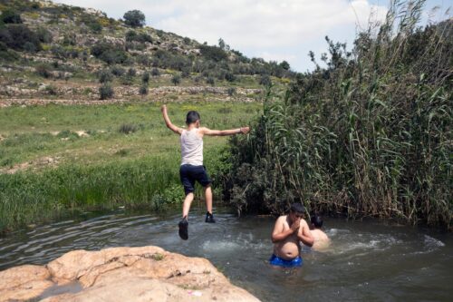 ואדי קנה משמש את הפלסטינים לטיולים. משפחה פלסטינית מבלה במעיין בוואדי, 2018 (צילום: אן פק / אקטיבסטילס)
