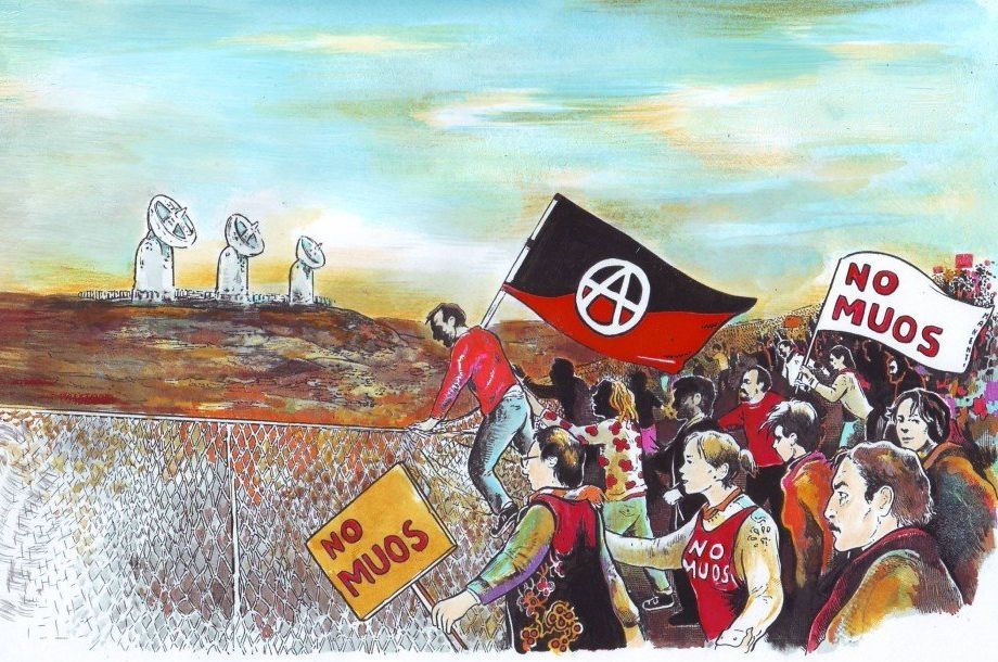 האנרכיסטים בסיציליה מנהלים מאבק ארוך שנים נגד הבסיסים האמריקאים באי. כרזה הקוראת למאבק נגד האנטנות שהציב הצבא האמריקאי בעיירה נישמי בסיציליה (מתוך האתר של תנועת NO MUOS)