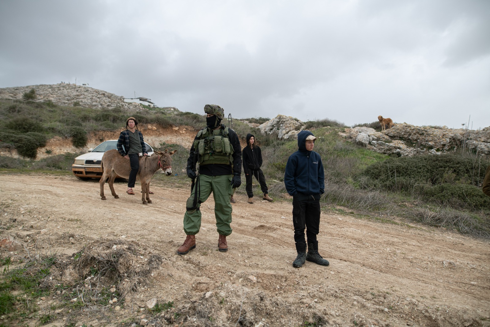 בלי תב"ע מאושרת. חיילים, מתנחלים ופלסטינים ליד מאחז גבעת רונן (צילום: מתן גולן)