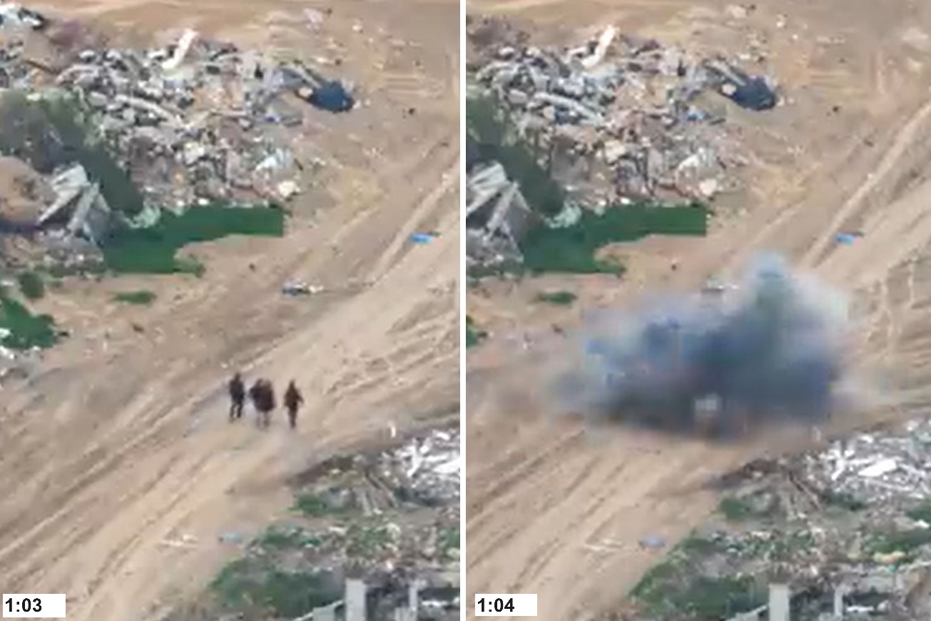 השנייה שבה נורו שני טילים על ארבעת האנשים שצעדו ליד ח'אן יונס, מתוך הסרטון של "אל ג'זירה"