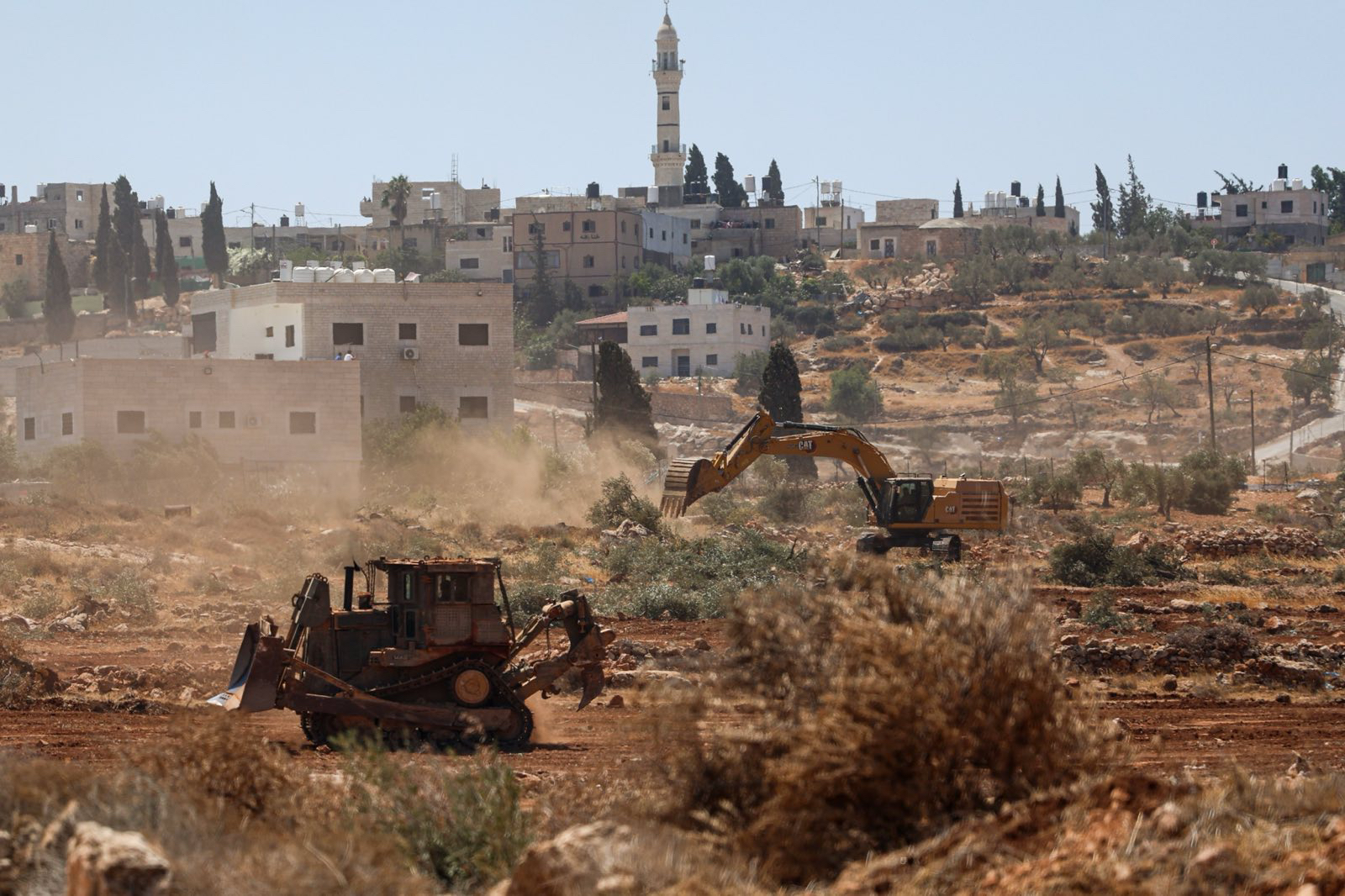 דחפורים עוקרים עצי זית באל מוע׳ייר, 23 באוגוסט 2025 (צילום: אבישי מוהר/ אקטיבסטילס)