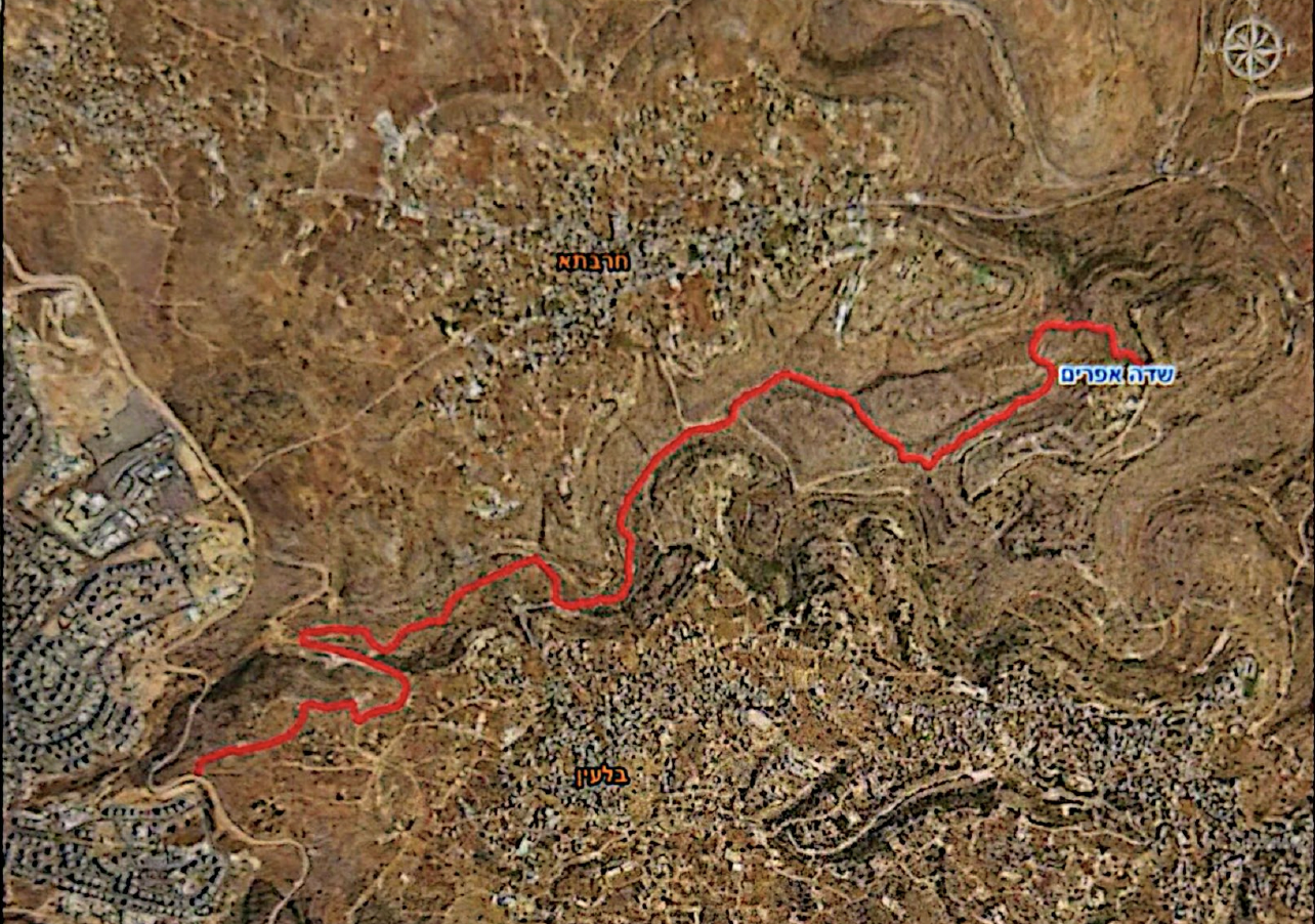 תוואי הכביש הצבאי המתוכנן בין מודיעין עילית לשדה אפרים, דרך אדמות של ארבעה כפרים פלסטינים (מפה: צו התפיסה הצבאי, יולי 2026)